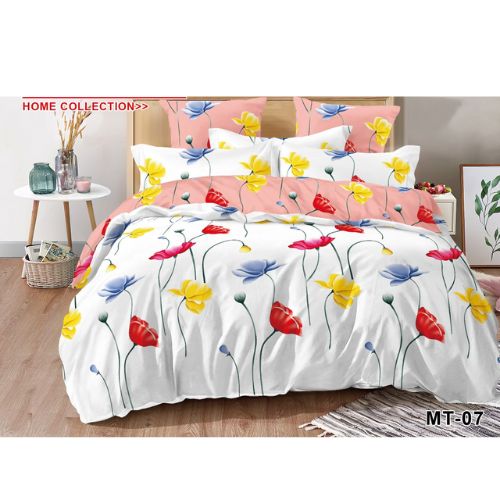 Ensemble de Drap +Taie, Trois Places avec Motif en Fleurs Multicolores sur Fond Blanc et Rose – Image 2